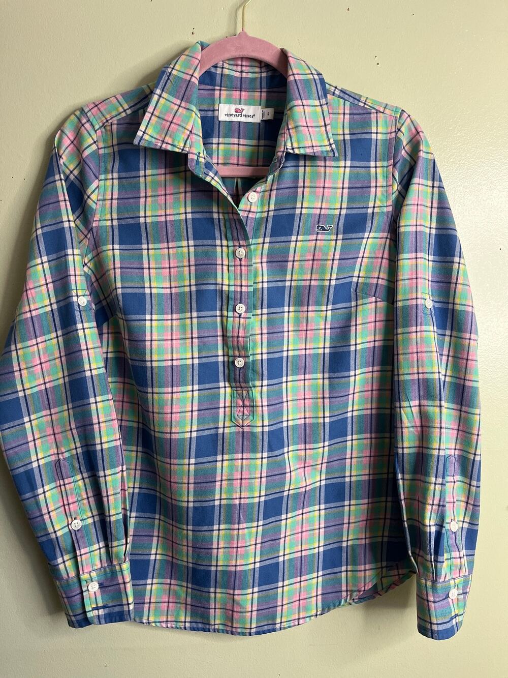 Vineyard Vines Plaid Popover Shirt Blue Pink Green Button Front Long Sleeve SZ 6